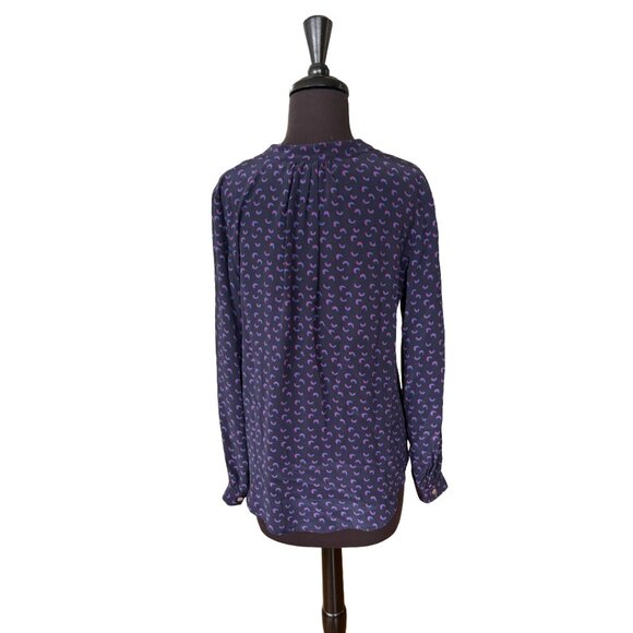 Amour Vert 100% Silk Blouse Navy Multicolor Print Size S Long Sleeve - Picture 3 of 16